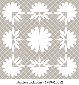 Lace. Seamless white pattern on a beige background. Decoration for your design, lingerie and jewelry. Vector illustration for web design or print.