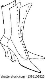 Lace to Up Shoes design are knee length high to heeled and pointed toed vintage line drawing or engraving illustration.