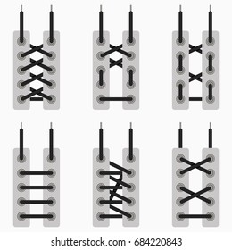Lace of shoes. Set of schemes tying of shoelaces. Vector illustration.
