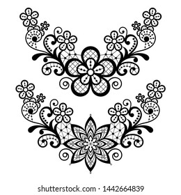 Lace single vector pattern set - black floral lace half wreath, half circles design collection, retro openwork background svg