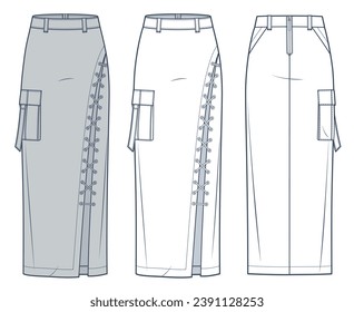 Lace Up Skirt technical fashion illustration. Maxi Skirt fashion flat technical drawing template, asymmetric, front slit, back zipper, pocket, front and back view, white, grey, women CAD mockup set.