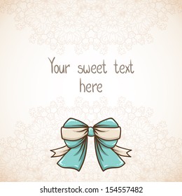 Lace soft beige abstract background with bow. Template for text. 