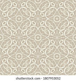 Lace texture, vector seamless pattern, vintage ornamental background in neutral beige color