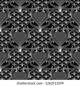 Lace textured vintage Damask love seamless pattern. Black and white elegance ornamental floral background. Grid lattice patterned love hearts, hand drawn line art tracery flowers ornament. Template