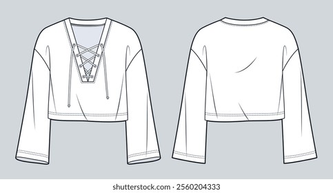 Lace Up Top technical fashion illustration. Cropped Shirt fashion flat technical drawing template, v neck, bell sleeves, relaxed fit, front and back view, white, women, men, unisex CAD mockup.