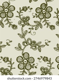 Lace trim featuring large flowers and small flowers arranged in a criss-cross pattern.Beautiful Seamless Geometric Design Pattern of Dotted Flowers with Leaves againast Black Background, Hand Drawn Vibrant Floral Vector Illustration for Embroidery, Fabric, Cushion, Curtain, Wallpaper