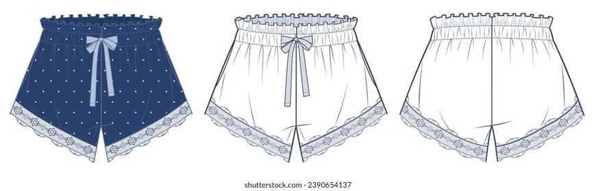 Lace Trim Shorts technical fashion illustration, polka-dot design. Short Pants fashion technical drawing template, drawstring waist,  front, back view, white, blue, women Sleepwear CAD mockup set.