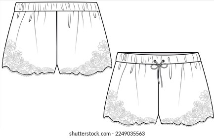 LACE TRIMWITH SCALLOP HEMLINE NIGHTWEAR SHORTS FRONT AND BACK IN VECTOR FILE