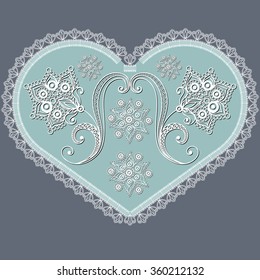 Lace valentine heart in floral style. Suitable for invitation, flyer, sticker, poster, banner, card,label, cover, web. Vector illustration.