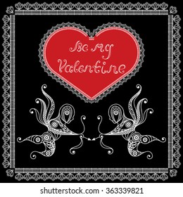 Lace valentine heart in floral style with Amur (Cupid, Love).For invitation, flyer, sticker, poster, banner, card,label, cover, web. Greeting card to 14 February, Valentine's Day. Vector illustration.