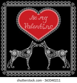 Lace valentine heart in floral style with dogs. Suitable for invitation, flyer, sticker, poster, banner, card,label, cover, web. Greeting card to 14 February, Valentine's Day. Vector illustration.