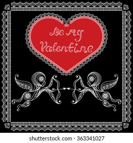 Lace valentine heart in floral style with Amur (Cupid, Love).For invitation, flyer, sticker, poster, banner, card,label, cover, web. Greeting card to 14 February, Valentine's Day. Vector illustration.
