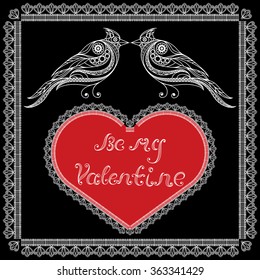 Lace valentine heart in floral style with birds. Suitable for invitation, flyer, sticker, poster, banner, card,label, cover, web. Greeting card to 14 February, Valentine's Day. Vector illustration.