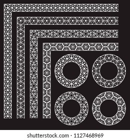 Lace vector brushes templates with corners and round frames in vintage style.