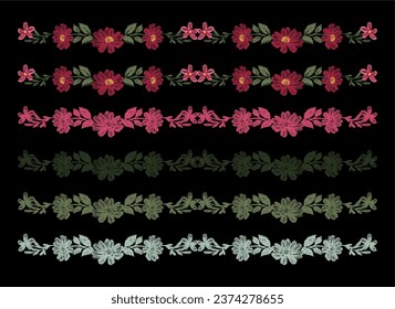 lace vector line drawing illustration branches and wildflowers embroidered black background