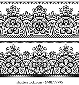 Lace vector seamless pattern, detailed retro ornament, lace design with flowers and swirls in black on white background.

Unique monochrome lace frame collection, vintage textile decoration 