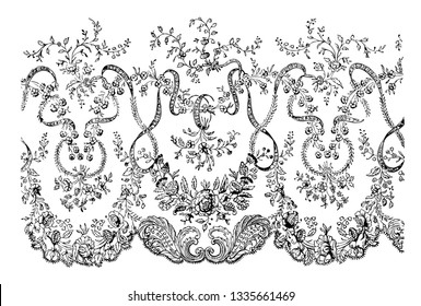 Lace Veil, This is a portion of the border, It is delicately designed with flowers, vintage line drawing or engraving illustration.