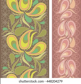 Lace vertical seamless pattern with paisley. Vector set of 2. Monochrome  background. Use for embroidery, braid, tape, ribbon. 