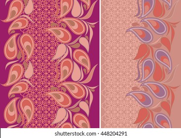 Lace vertical seamless pattern with paisley. Vector set of 2. Monochrome burgundy  background. Use for embroidery, braid, tape, ribbon. 