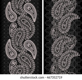 Lace vertical seamless pattern with paisley and flowers. Vector set of 2. Black and white  background. Use for embroidery, braid, tape, ribbon.
