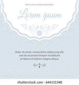 Lace vintage frame for leaflets, greeting cards, stickers, emblems. Circular ornament. Background with polka dots. Vector illustration