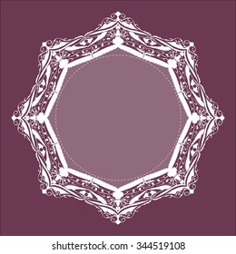 Lace vintage frame. Tracery ornament. Purple background