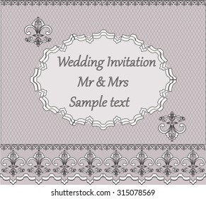 Lace Wedding Invitation with classic vintage ornaments. Pale pink color. Vector