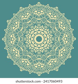 Lace white napkin on a blue background. Openwork mandala, decorative element, round pattern for your project. Version No. 9. Vector illustration