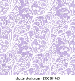 Lace White seamless pattern with flowers on violet background
