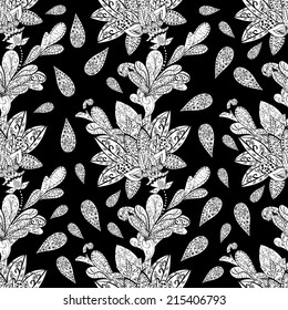 Lace white seamless pattern with flowers on black background 