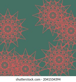 Lace Winter Bright Print Colorful Light Stars Wallpaper. Monochrome Satanic Dark Chaotic Mystery Christmas Green Illustration. Folk Mandala Red Santa Complicated Luxury Sharp Ornamental Pattern.