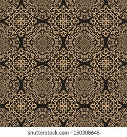 Laced pattern, seamless golden ornamental texture on dark background
