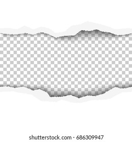 Lacerated hole in middle of white paper with torn edges and transparent resulting window with space for text or ad. Vector template paper design.