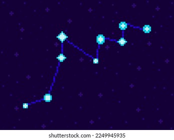 Lacerta constellation in pixel art style. 8-bit stars in the night sky in retro video game style. Cluster of stars and galaxies. Design for applications, banners and posters. Vector illustration