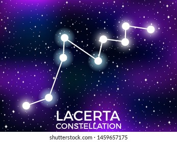 Lacerta constellation. Starry night sky. Zodiac sign. Cluster of stars and galaxies. Deep space. Vector illustration