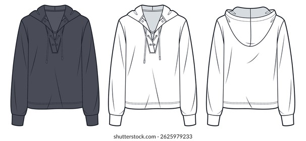 Lace-Up Hoodie Technical Fashion Illustration. Long Sleeve Shirt fashion flat technical drawing template, v neck, front and back view, white, grey, women, men, unisex Top CAD mockup.