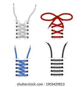 Lacing technique for sneaker, sport, running shoes, trainers realistic templates set. Boots laces types. Shoestrings, red, black, blue, white shoelaces. Vector laces isolated illustration.