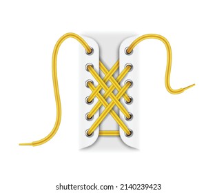 Lacing technique for sneaker, sport, running shoes, trainers realistic template isolated on white background. Boots laces. Yellow shoestrings. Vector illustration