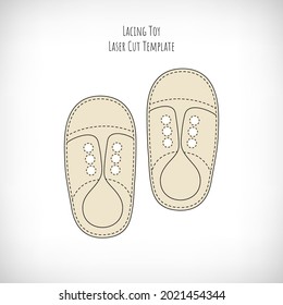 Plantilla de corte láser de zapatos de juguete para hilos de discusión. Juguetes Montessori para la educación de los niños. Aprendiendo a atar zapatos y a perfeccionar las habilidades motoras. Ilustración vectorial.