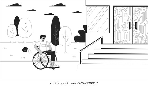 Lack of accessibility for disabled black and white line illustration. Confused wheelchair male in front of stairs 2D character monochrome background. Social issue barrier outline scene vector image