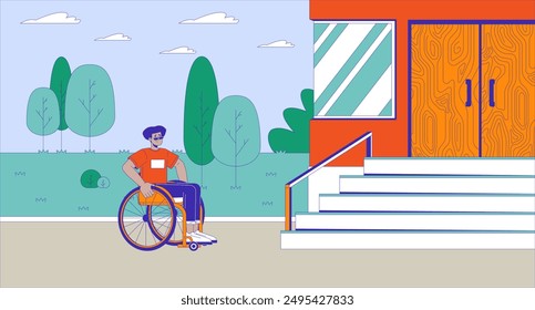 Lack of accessibility for disabled cartoon flat illustration. Confused wheelchair male in front of stairs 2D character colorful background. Social issue barrier scene vector storytelling image