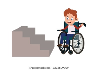 lack of accessibility for wheelchair users, boys with mobility difficulties. Vector illustration