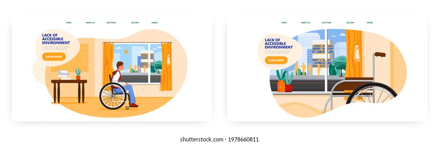 Lack of accessible environment. Landing page design, website banner vector template set. Sad lonely girl in wheelchair.