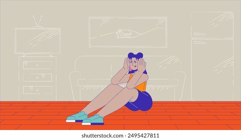 Lack of affordable housing cartoon flat illustration. Homeless young adult woman holding head anxious 2D character colorful background. Social problem homelessness scene vector storytelling image