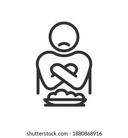 lack of appetite, man refuses to eat, crossed his arms, linear icon. Editable stroke
