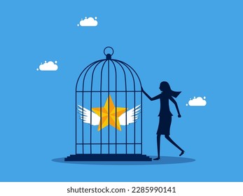 Lack of autonomy in the position and success in the job. woman locks a stars in a cage. business concept 