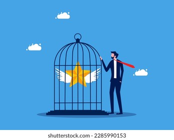 Lack of autonomy in the position and success in the job. Businessman locks a stars in a cage. business concept 