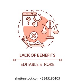 Lack of benefits red concept icon. No social protection. Limited access. Agriculture worker. Overtime work. Round shape line illustration. Abstract idea. Graphic design. Easy to use