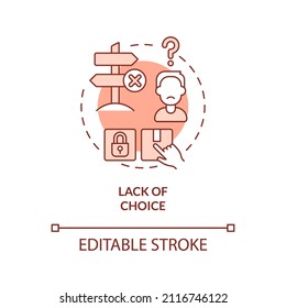 Lack of choice red concept icon. No option for client. Centrally planned ES abstract idea thin line illustration. Isolated outline drawing. Editable stroke. Arial, Myriad Pro-Bold fonts used