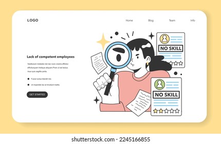 Falta de un banner web o página de aterrizaje de los empleados competentes. Factor frustrante e irritante al iniciar y desarrollar un pequeño negocio local. Posibles dificultades. Ilustración de vectores planos